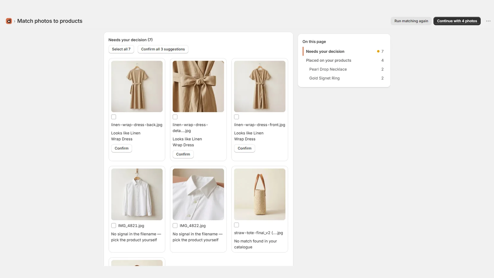 Photos matched to products, with the reason for each match