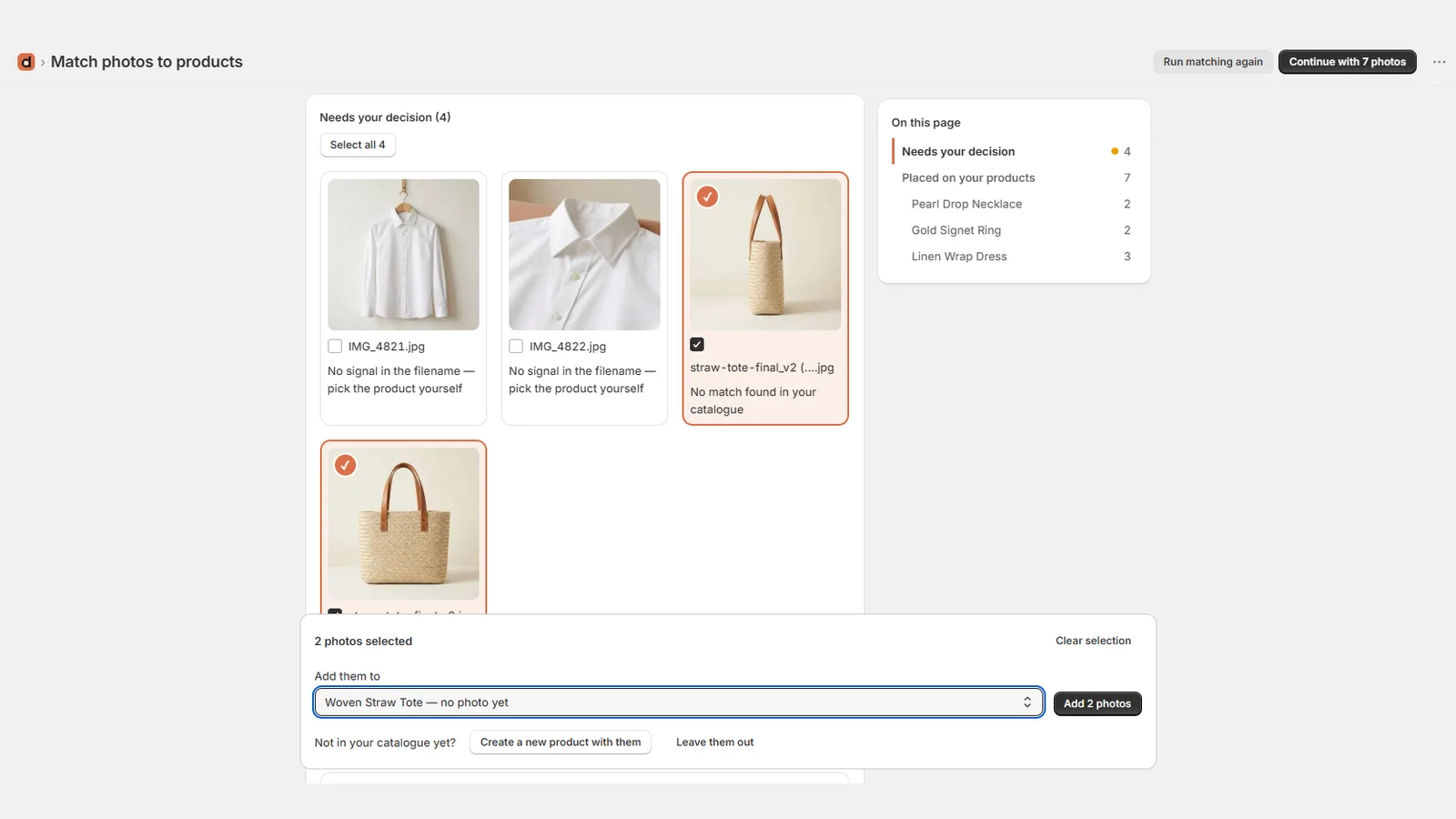 Selected photos assigned to a product from the selection bar