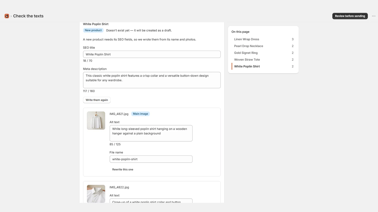 Generated SEO title, meta description and alt text ready to review