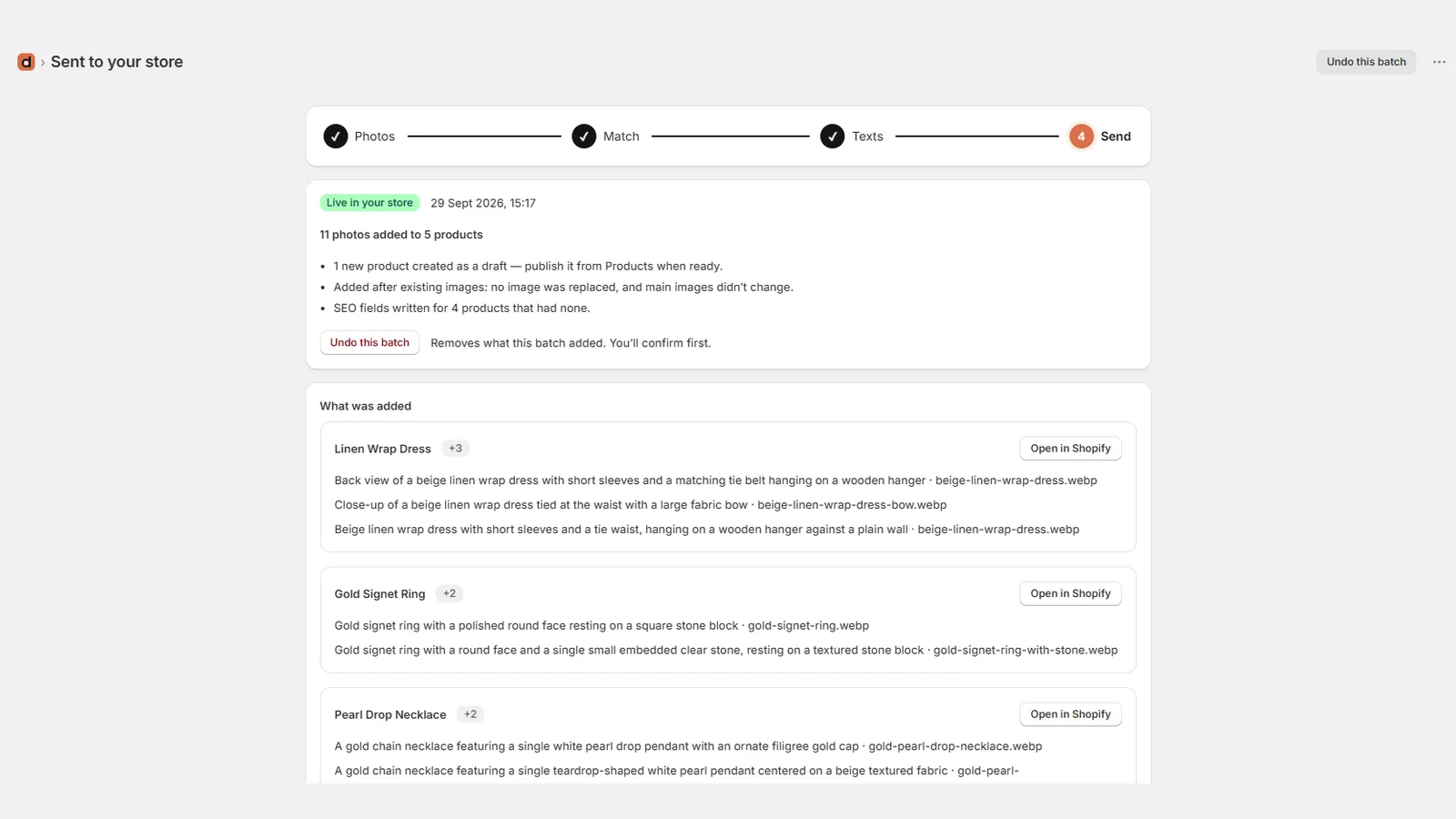 Batch sent: photos added to products, with undo available