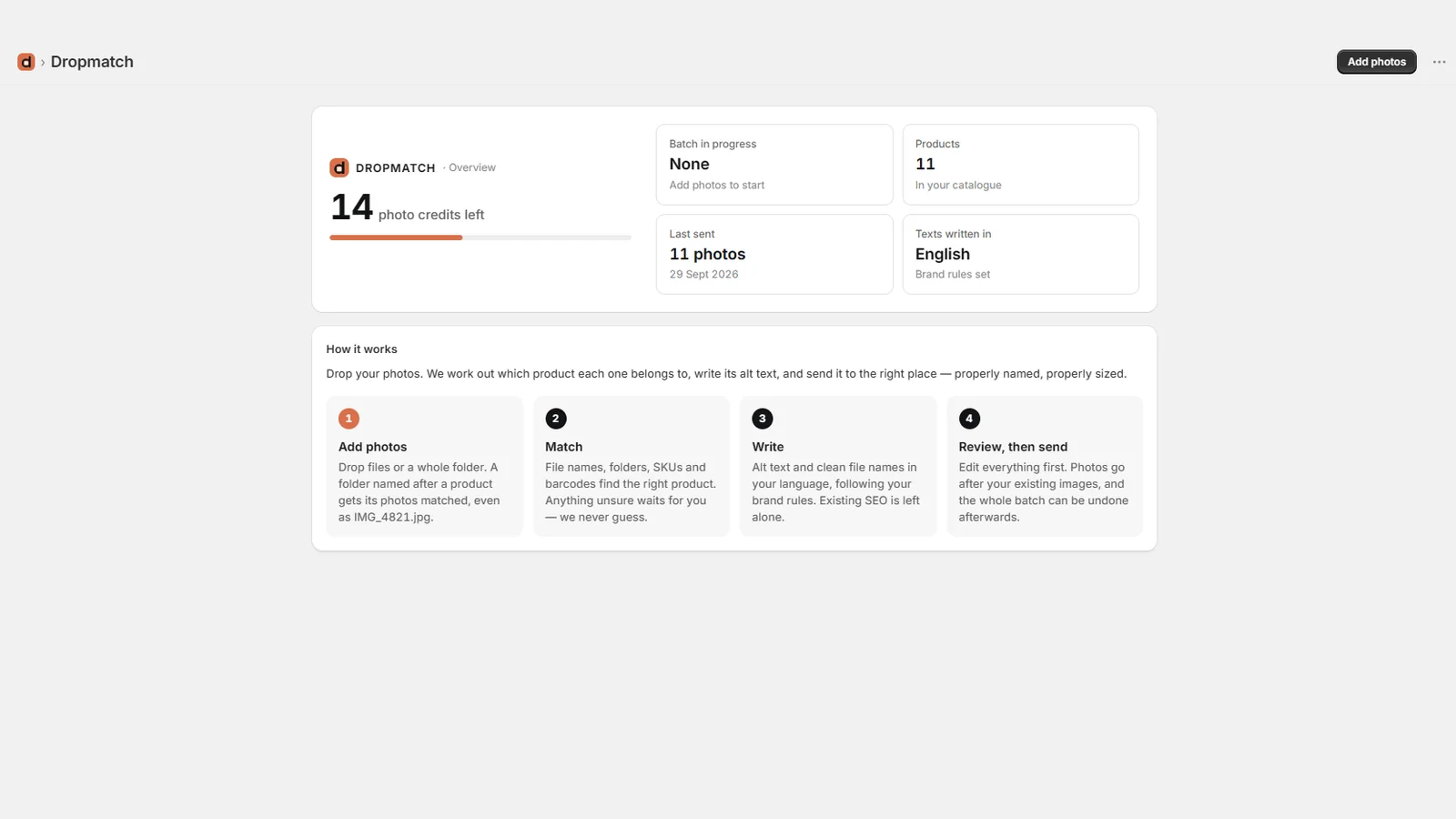 Home dashboard with credits, catalogue and last batch
