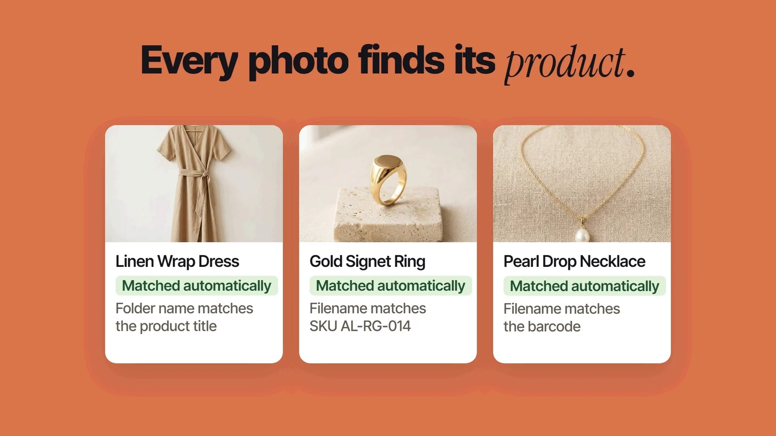 Démo de Dropmatch : des photos rattachées à leurs produits Shopify, chacune avec son texte alternatif
